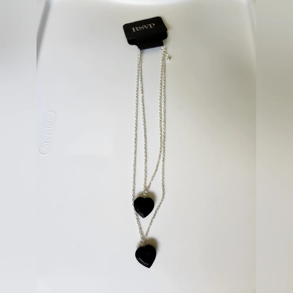 RSVP Double Black Heart Necklace Silver Tone NWT